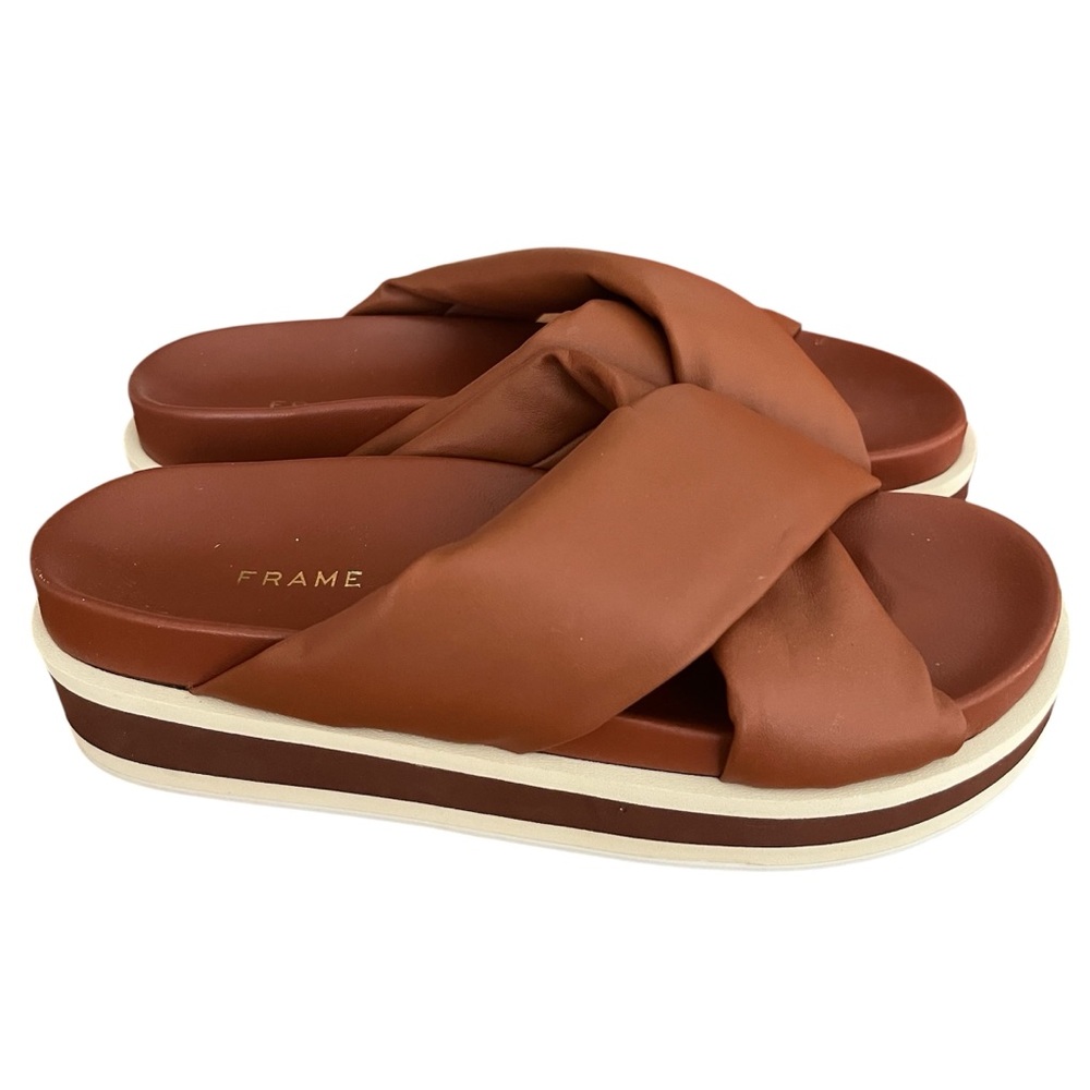 Frame Brown Leather Platform Slides NWOT